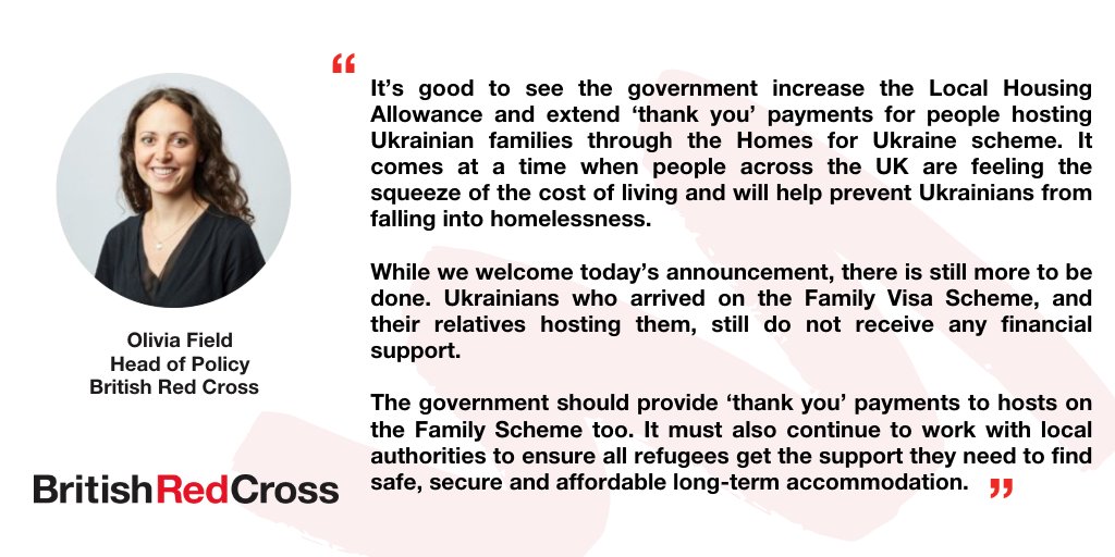 British Red Cross Policy (@redcrosspolicy) on Twitter photo Responding to the #AutumnStatement, <a href="/oliviamayafield/">Olivia Field</a>, Head of Policy for the British Red Cross reflects on today's announcements to extend 'thank you' payments to people hosting families through the Homes for Ukraine Scheme.
See Olivia's statement below ⬇️ Responding to the #AutumnStatement, <a href="/oliviamayafield/">Olivia Field</a>, Head of Policy for the British Red Cross reflects on today's announcements to extend 'thank you' payments to people hosting families through the Homes for Ukraine Scheme.
See Olivia's statement below ⬇️