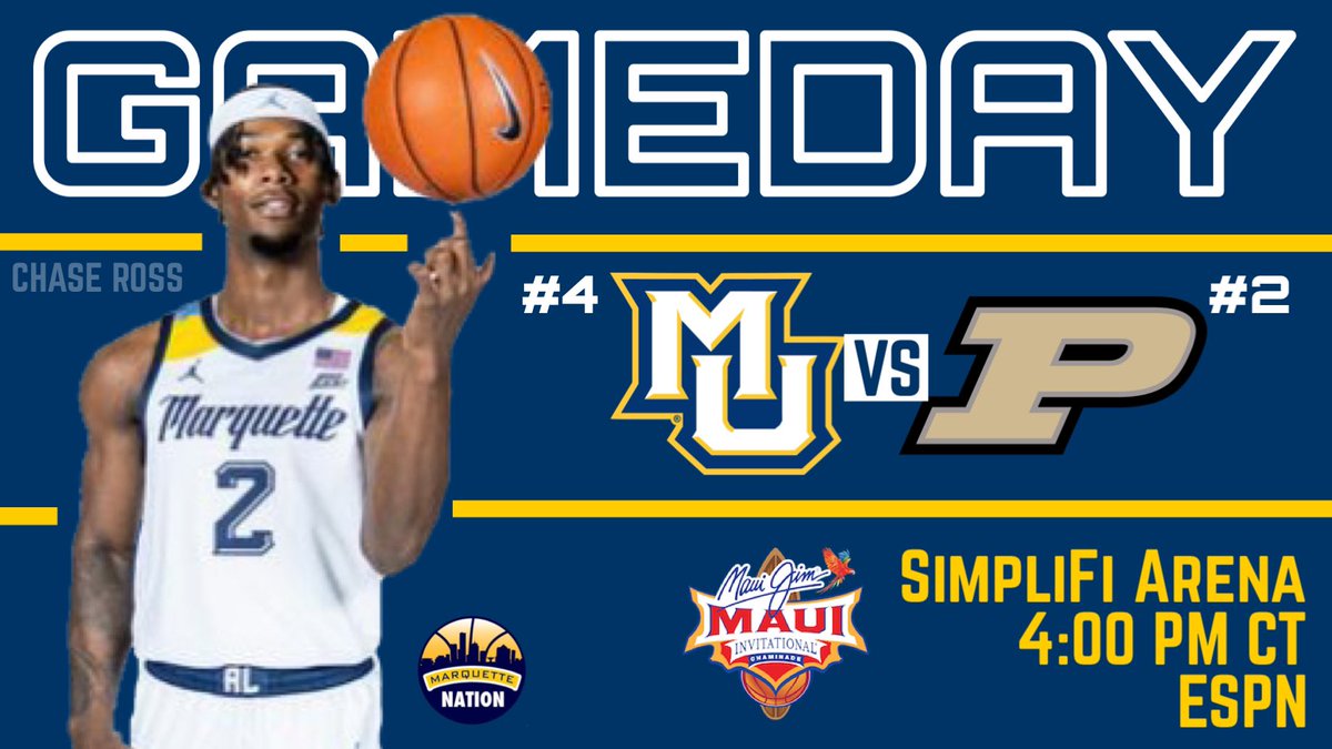 Winner gets ranked #1.

🌺 Maui Invitational Championship
🏀 #4 Marquette vs #2 Purdue
📍 SimpliFi Arena
⌚️ 4:00 PM CT
📺 ESPN