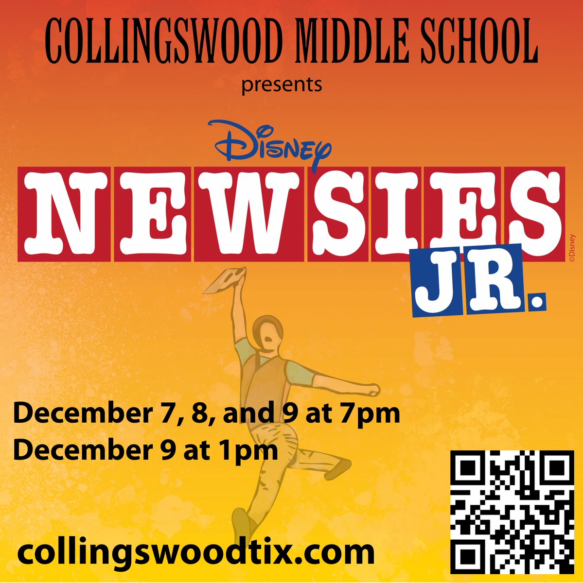 📣TICKETS ON SALE NOW!📣

Join us December 7-9 for Collingswood Middle School's production of DISNEY'S NEWSIES JR. 📰

This show has reserved seating - purchase your tickets online at collingswoodtix.com to choose your preferred seat.