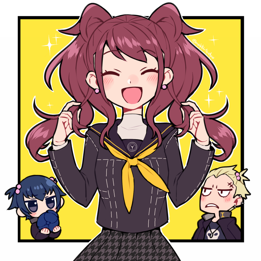 kujikawa rise ,shirogane naoto ,tatsumi kanji multiple girls 2girls 1boy school uniform twintails skirt closed eyes  illustration images