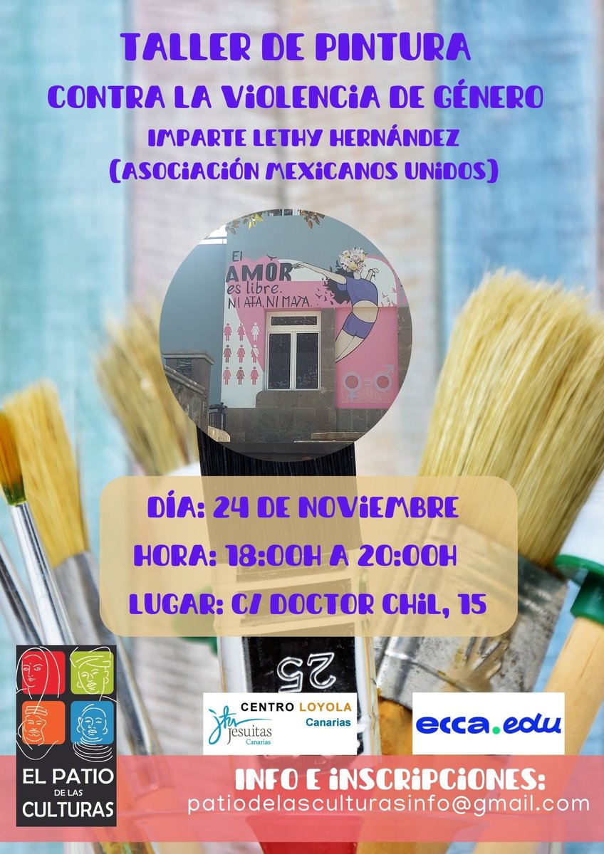 Contra la violencia de género únete a nuestro taller de pintura este 24 de noviembre a las 18:00h en nuestra sede. Te esperamos.
<a href="/patiodelascultu/">El Patio de las Culturas</a> <a href="/YumyDiazYumDiaz/">Yumy Díaz</a> <a href="/CentroLoyLP/">centroloyolalp@gmail.com</a> <a href="/pastorkarla01/">karla pastor</a> <a href="/OlesyaLylak/">Olesya Lylak Chyzhovych</a> <a href="/Direccion_ECCA/">Dirección Fundaciones ECCA</a>