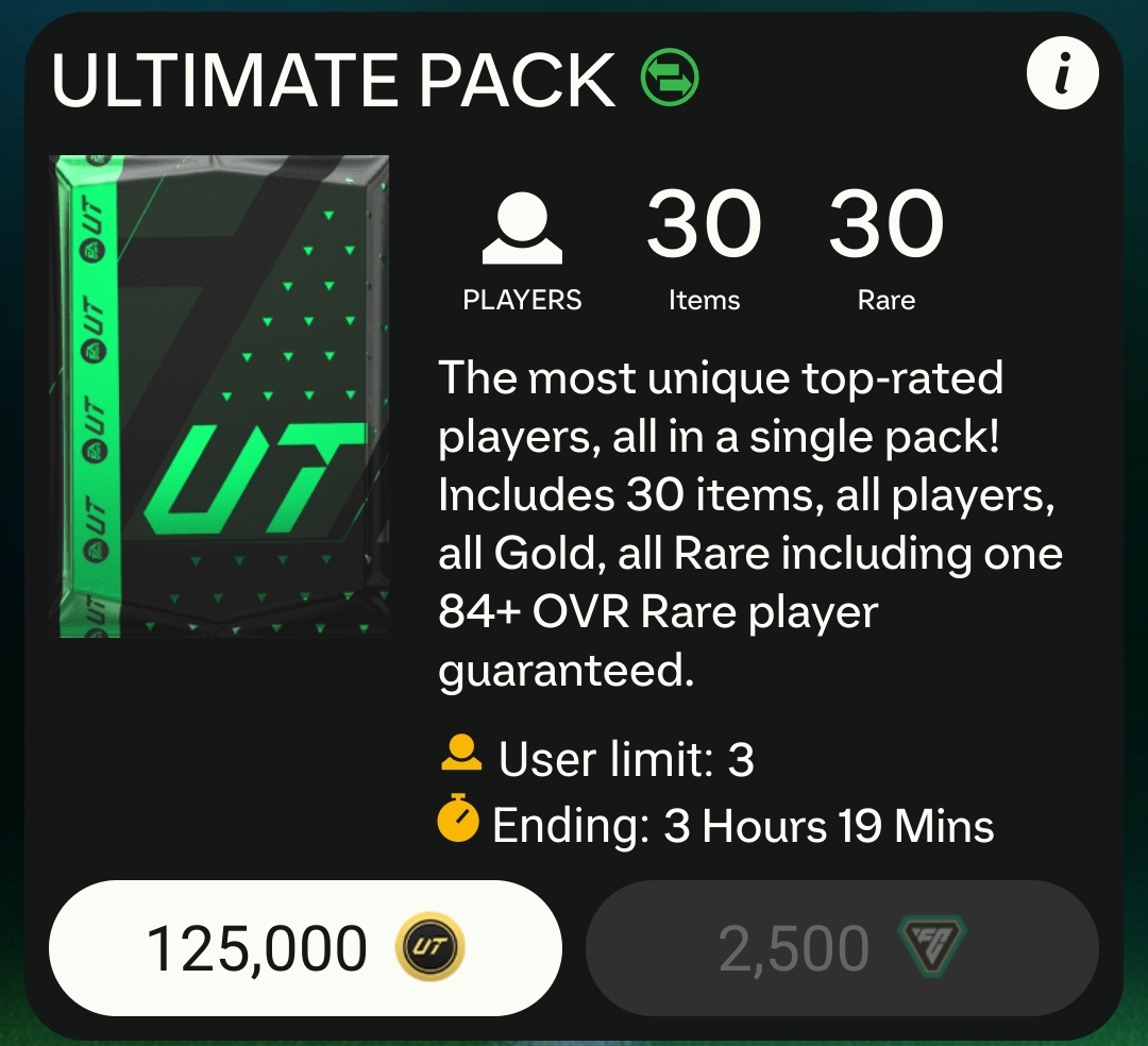 TradingMethodz's tweet photo. Eafc24 ultimate pack giveaway! 😍

Wanna win this pack for free  ? 
( fc coin equivalent )

Like this tweet ❤️

Follow me - @Tradingmethodz ✅️

Winner drawn tonight! 🕐

Good luck, everyone. 🤞
#eafc24 #blackfriday #fifacoins https://t.co/zlNjjW8Yof
