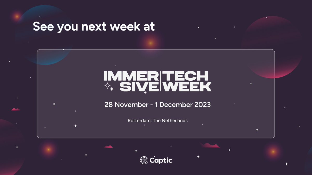 Heading to #ImmersiveTechWeek in Rotterdam? Catch the Captic team there!🚀
📆 Save the date: 30 Nov, 13:15 - our CEO Ricard speaks on The #Metaverse Utopia at Creator's Corner.
🤝Let's meet up! DM us if you're attending & let's connect.
#SpatialComputing #LimitlessVirtualWorlds