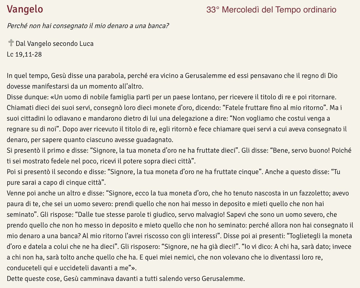 domenicosaretto's tweet photo. @AldinaConsolini @AlessandroA81 @scaporrelli @redellerose @Liberocip @angelacars @Annuccell @MarcG_69 @VBscaterinarc @TeresaBonaiuti @GiuseppePiu1 @CAvondet @MioWid Da domenica al resto della settimana, si chiamino “talenti” in Matteo o “monete d’oro” in Luca, i doni ricevuti non sono “a fondo perduto” per il nostro consumo di uomini o donne , ma da far fruttare per il bene comune e soggetti a rendiconto finale 👉 https://t.co/gxoSiyHVv8 👈 https://t.co/JwDzbGBDgt