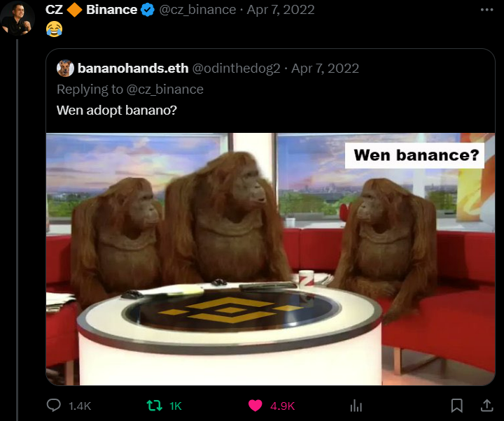 bananocoin's tweet photo. Actually... it's always been #BANANCE
$BAN $Banano
hey @cz_binance if you're up to do something fun and since you have more time now, consider joining us? Do Banance together? https://t.co/xMmBuwfSaR https://t.co/9s4BVfct4L
