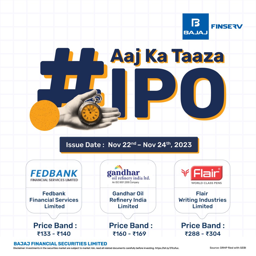 The IPOs in the same timeline with Tata Technologies. Which one did you apply for? Comment below 👇🏻

To invest, please visit ipo.bajajfinservsecurities.in/?utm_source=bf…

#AajKaTaazaIPO #IPOAlert #FlairIPO #GandharIPO #FedbankIPO #BFSL #StockMarket #stocks