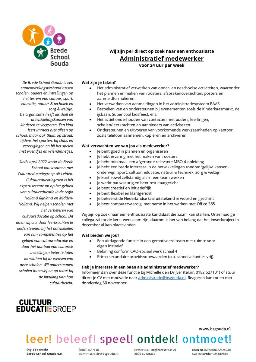 Goed nieuws voor iedereen die op zoek is naar een nieuwe uitdaging! We hebben een plekje vrij in ons ondersteuningsteam en zoeken per direct een administratief medewerker voor 24 uur per week.