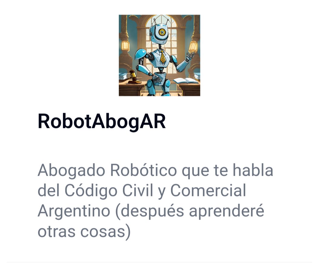 ChatGPT y ejercicio profesional

Miren esto: <a href="/ghernanq/">Hernan Quadri</a> se puso y armó un GPT pensado para trabajar con el CCyCN
Lo llamó RobotabogAR y se accede desde acá 
👇 gptstore.ai/gpts/cNhHuJYSQ…