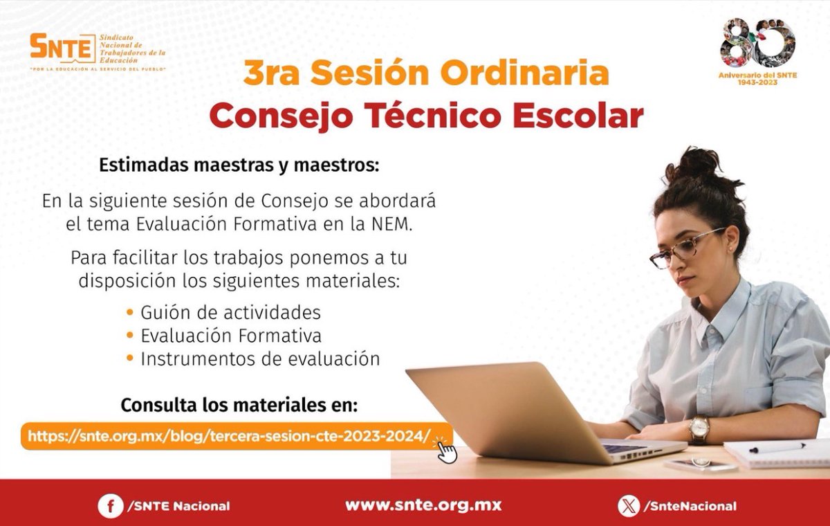 #80AniversarioSNTE 🌟 Maestr@s 👩‍🏫👨‍🏫 el #SNTE 📚 dispone de materiales sobre la Tercera Sesión Ordinaria del 𝗖𝗼𝗻𝘀𝗲𝗷𝗼 𝗧é𝗰𝗻𝗶𝗰𝗼 𝗘𝘀𝗰𝗼𝗹𝗮𝗿 👉Guión de actividades✔️ Evaluación formativa✔️ e Instrumentos de evaluación✔️ Consúltalos aquí 👉 acortar.link/rVKlDm 🧑‍💻