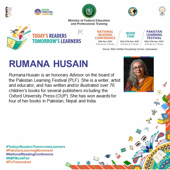 plf_pk's tweet image. Renowned artist, educator, and children&apos;s writer, @husain_rumana, will captivate audiences with a series of engaging activities on Sunday, November 26th, and Monday, November 27th, at the Pak-China Friendship Centre in PLF Islamabad.

#PakistanLearningMovement