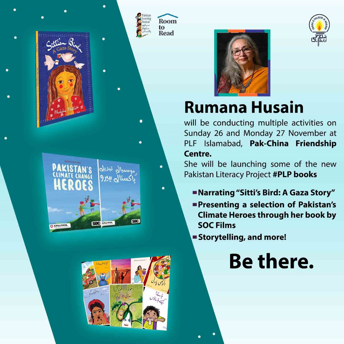 Renowned artist, educator, and children's writer, @husain_rumana, will captivate audiences with a series of engaging activities on Sunday, November 26th, and Monday, November 27th, at the Pak-China Friendship Centre in PLF Islamabad. #PakistanLearningMovement