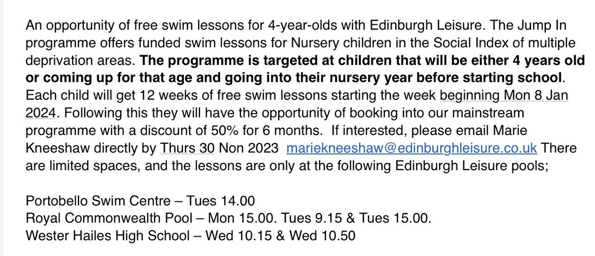 FrogstonPS's tweet image. An opportunity for free swim lesson with Edinburgh Leisure.