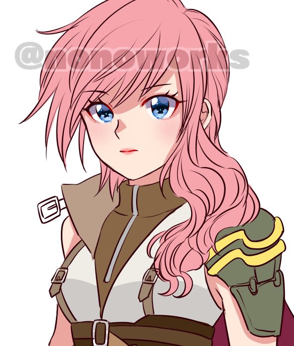 lightning farron 1girl solo pink hair blue eyes upper body white background shoulder armor  illustration images