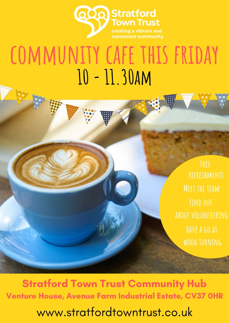 This Friday we're hosting our free Community Cafe at our Community Hub at Venture House! Join us for a cuppa &amp; some cake, meet the team &amp; some of our volunteers &amp; even have a go at woodturning! Do join us, 10 - 11.30am! stratfordtowntrust.co.uk/news/stratford…
