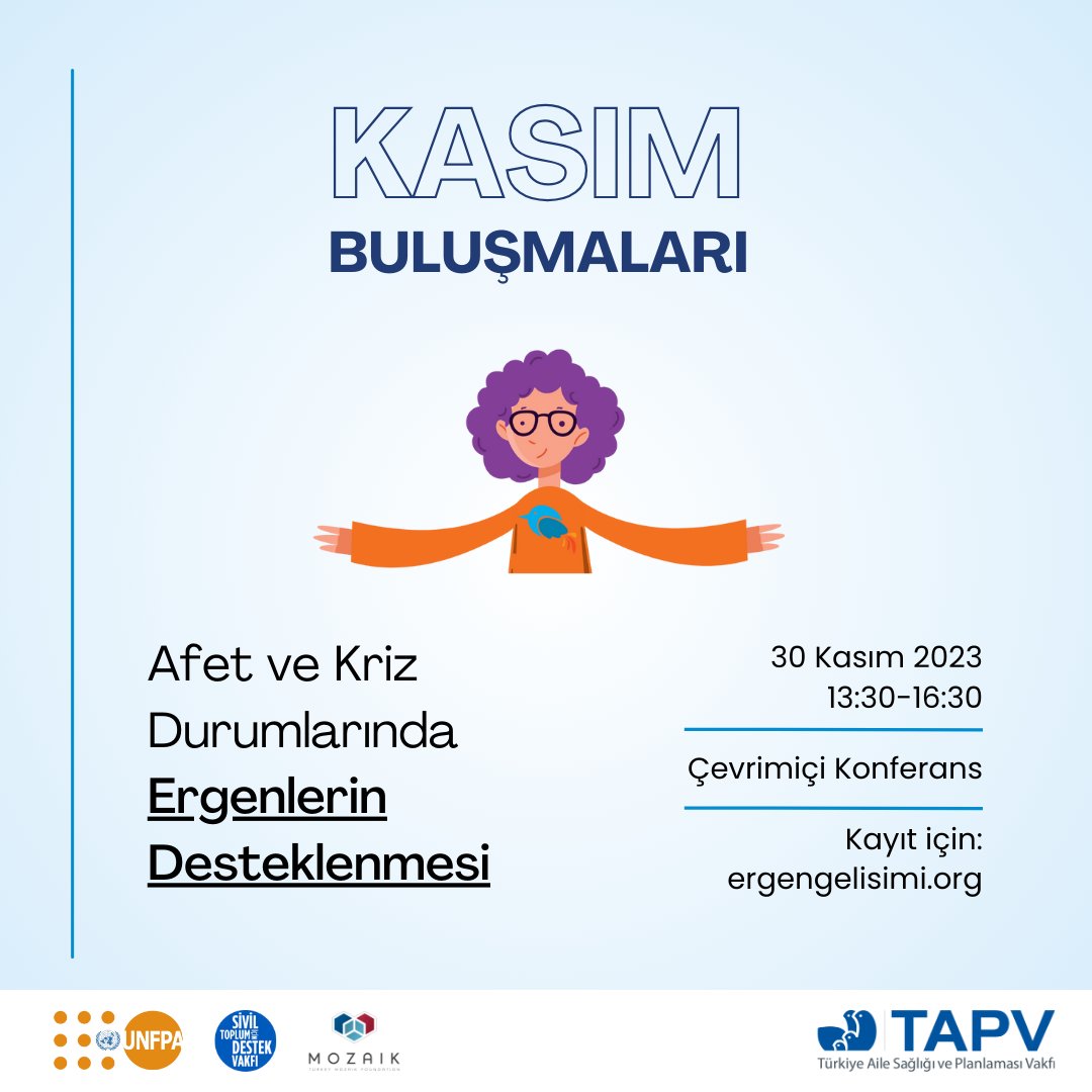 Kasım Buluşmaları 2023: Afet ve Kriz Durumlarında Ergenlerin Desteklenmesi”. 

Uluslararası standartları, ulusal ve uluslararası düzeyde iyi uygulama örneklerini, alınan dersleri sizlerle buluşturmayı hedefledik.

Kayıt için: ergengelisimi.org/kasim-bulusmal…