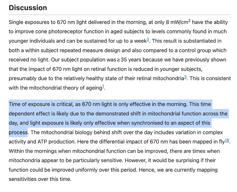AlpacaAurelius's tweet photo. Just 3 minutes of morning sunlight completely restored mitochondria function in the eyes in this study

Morning light is full of 670nm red light which is critical for ATP production

Watching sunrise is the ultimate biohack https://t.co/z85HjIZ06f