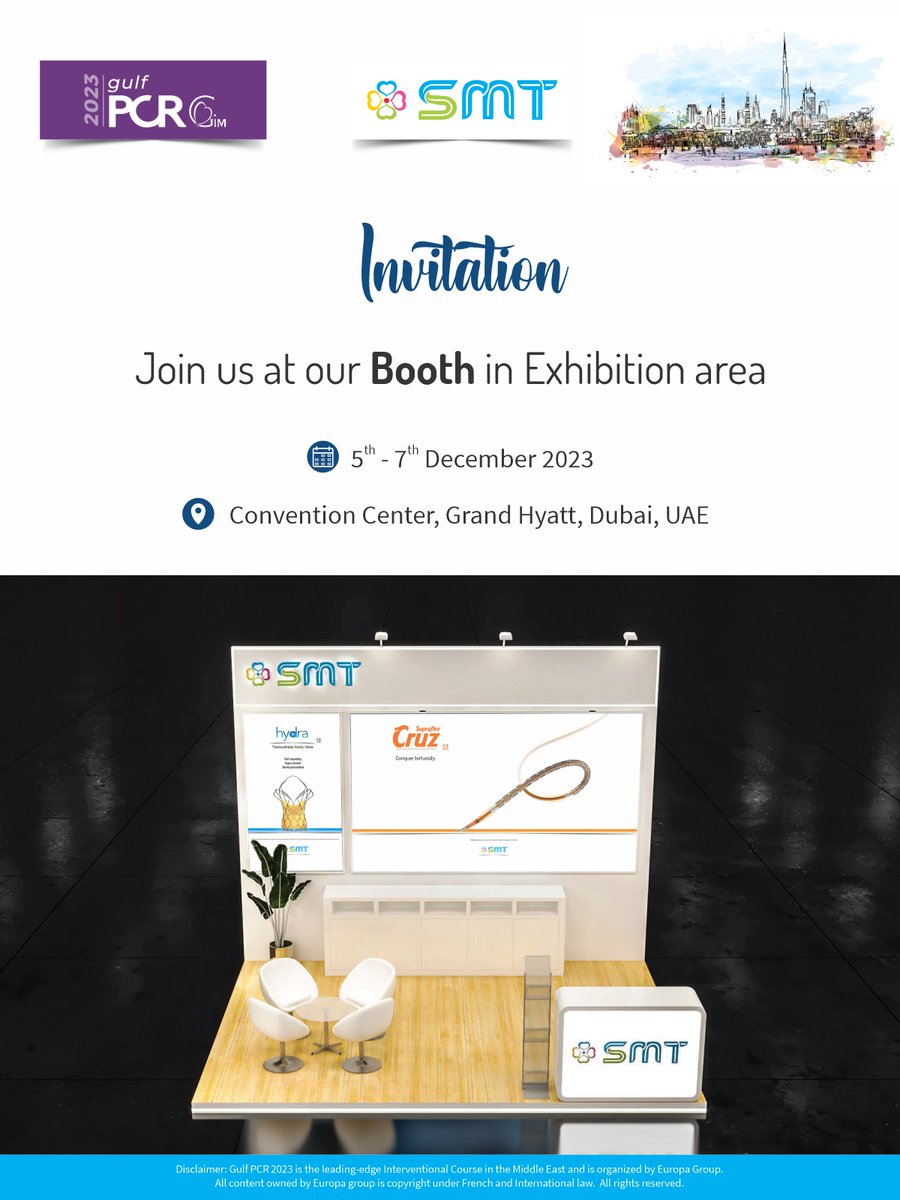 SMTStents's tweet photo. π Join us at Gulf PCR 2023!
π Venue: Convention Centre, Grand Hyatt Dubai, UAE
π Save the Date December 5-7, 2023
#GulfPCR2023 #InterventionalCardiology #SupraflexCruz #Hydra #MedicalInnovation #SMTBooth #TAVR #TAVI #DES #CoronaryIntervention #StructuralHeartIntervention https://t.co/akmqvm3OWG