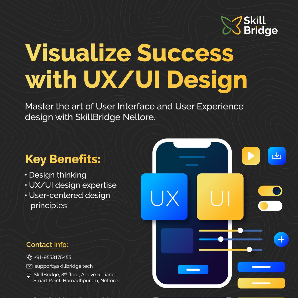 SkillBridge2023's tweet photo. Gear up on a journey to become a UI/UX design maestro with SkillBridge Nellore's comprehensive program. Craft user-friendly interfaces that seamlessly blend functionality with aesthetics. Gain mastery in design thinking principles and transform into a sought-after UI/UX expert. https://t.co/bwoYHIcyBI