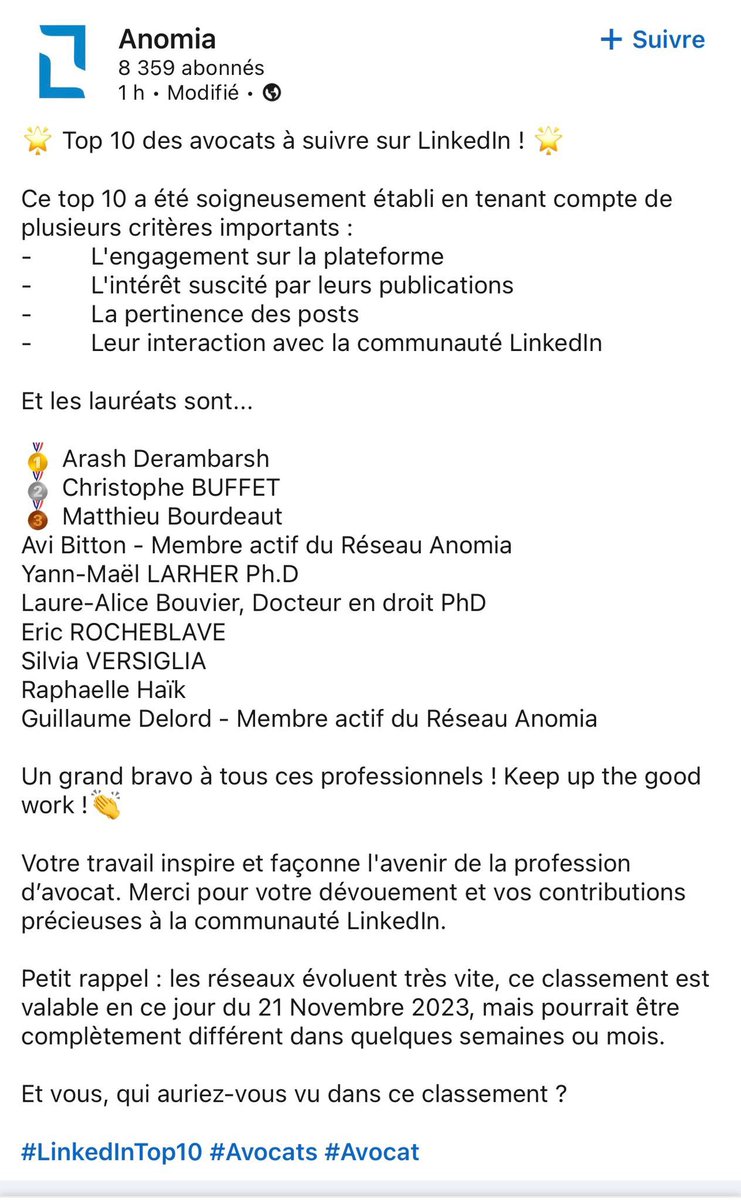 CarrinMarion's tweet photo. Parce que j’aime bcp dire du mal de Nantes (ça y est, je suis dans le train de retour), je vais rétablir l’équilibre en félicitant :

Mon brillant confrère, Matthieu Bourdeaut @BourdeautAvocat dans le top 3 Anomia des avocats à suivre sur LinkedIn.

Il méritait le top 1, on sait https://t.co/RfcxK1IZTk