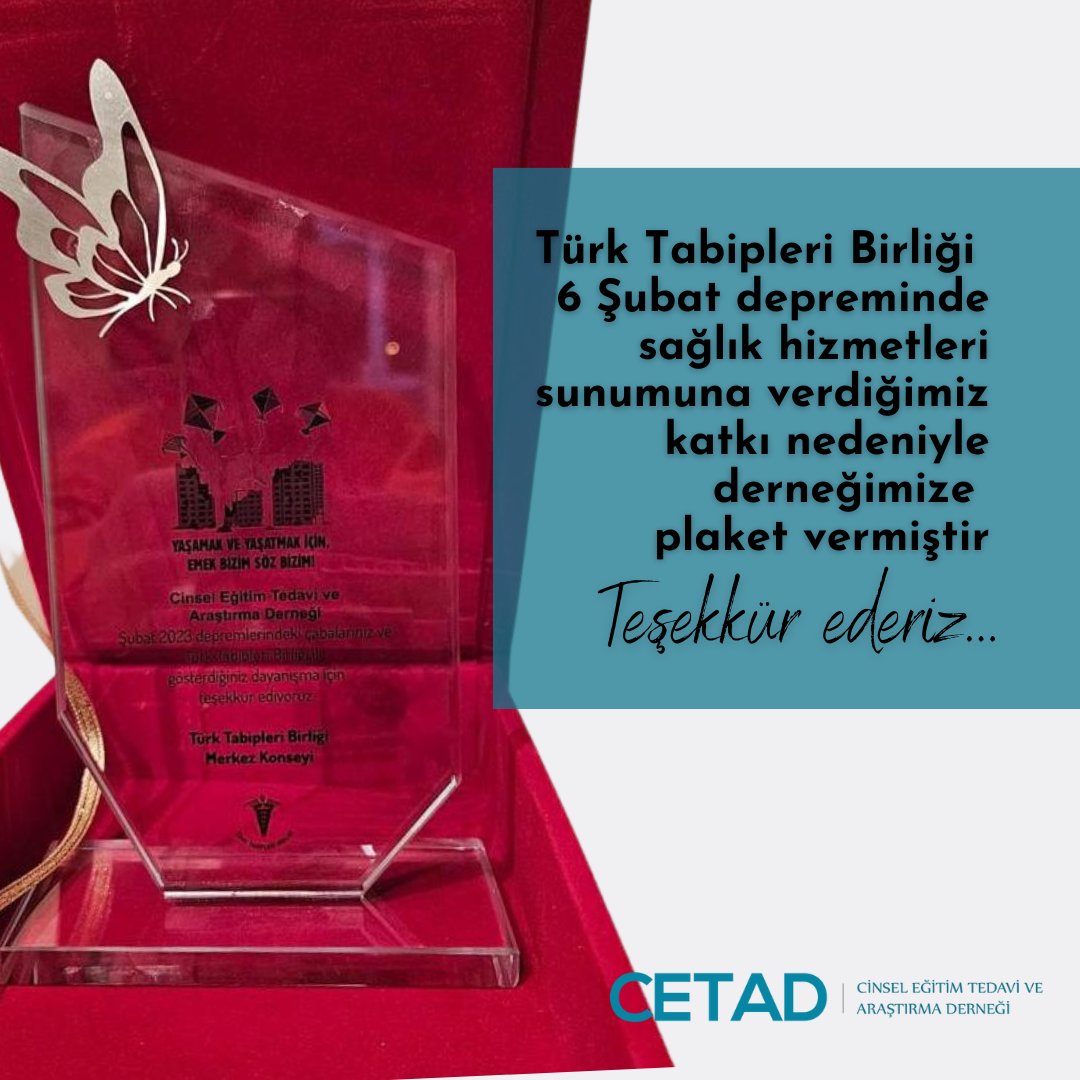 CETADofficial's tweet image. Türk Tabipleri Birliği 6 Şubat depreminde sağlık hizmetleri sunumuna verdiğimiz katkı nedeniyle derneğimize plaket vermiştir. Teşekkür ederiz...

#cinseleğitim #cinselterapi