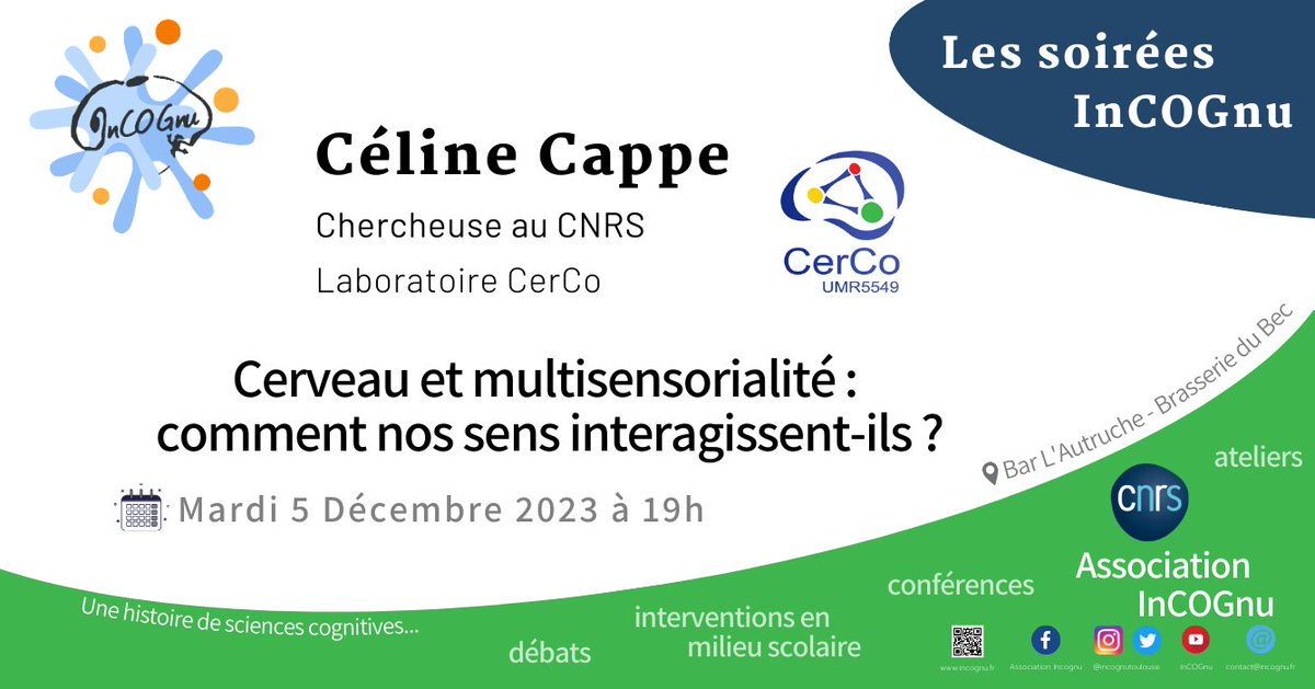 La prochaine soirée-débat aura lieu le Mardi 5 Décembre à 19h ! 
Ce sera Céline Cappe qui nous parlera de multisensorialité et des intéractions entre nos sens. 
Venez nombreux ! 🤗
<a href="/CNRS_Toulouse/">CNRS Occitanie Ouest</a>