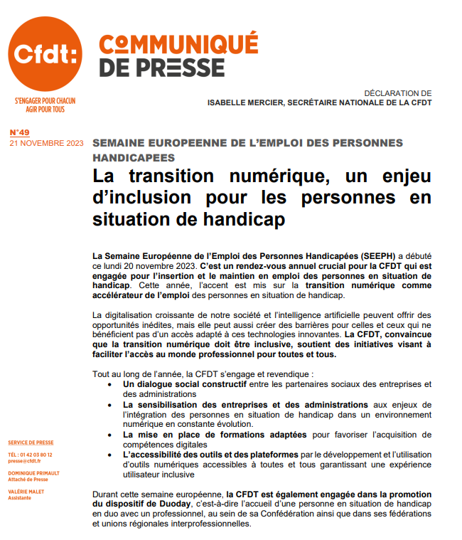 CFDT's tweet photo. || COMMUNIQUÉ DE PRESSE || #SEEPH Semaine européenne de l'#emploi des personnes handicapées - La transition numérique, un enjeu d’#inclusion pour les personnes en situation de #handicap https://t.co/lADdGeePs0 #DuoDay2023 https://t.co/D0Ts4CXWWo