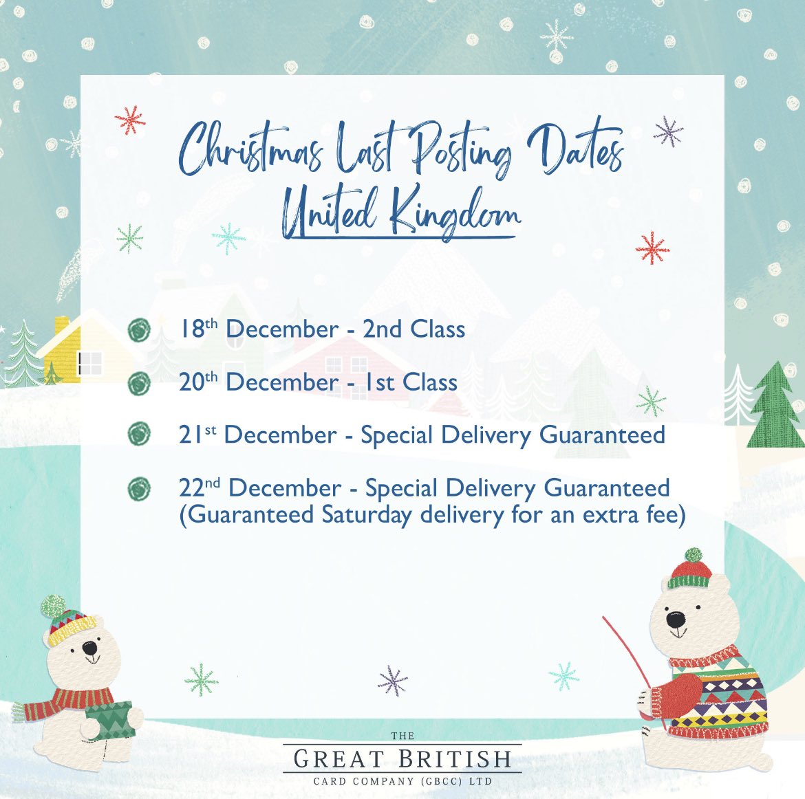 Royal Mail Christmas Posting Dates - UK!

Don't forget to send your Christmas cards in plenty of time this Christmas; it's the perfect way to #keepconnected with friends and family and a great reminder for others to send their cards too.

#royalmail #royalmailpostingdates #UKpost