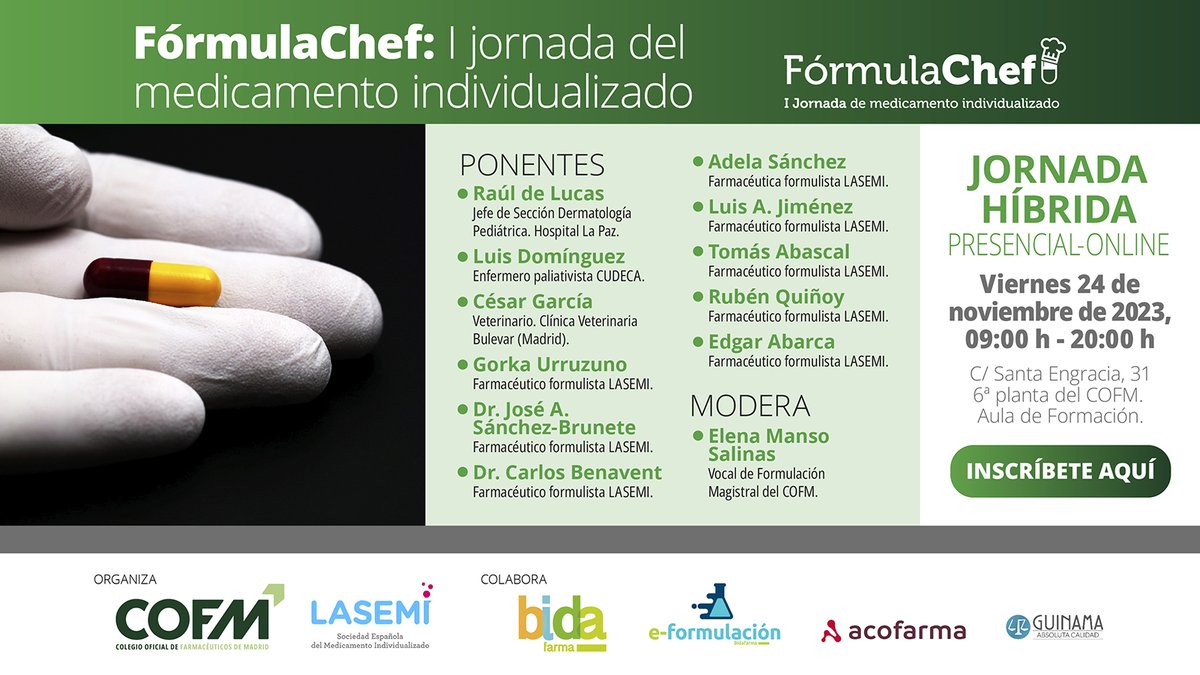 #Fórmulachef 🗓️24 de noviembre.
👉Elige la modalidad #presencial u #online.
👉Acreditación: solicitada acreditación a la Comisión de Formación Continuada de las Profesiones Sanitarias de la <a href="/ComunidadMadrid/">Comunidad de Madrid</a>. Profesión #Farmacia.
¡Reserva tu plaza! 🔗bit.ly/47ED67w