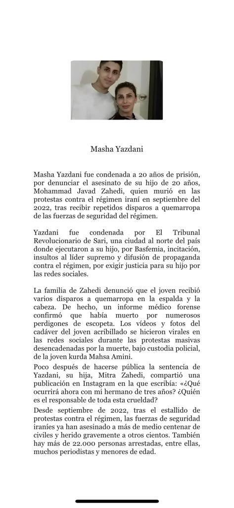 KarenLongaric's tweet photo. #releasechains #ApadrinaAUnPresoPoliticoDelMundo @caslainstitute @TAMARA_SUJU Elevó mi voz y oraciones por MASHA YAZDANI presa de la brutal aborrecible dictadura iraní por denunciar el cruento asesinato d su hijo Mohammad Javad Zahedi,derecho natural d toda madre https://t.co/Lk6aRgMLxC