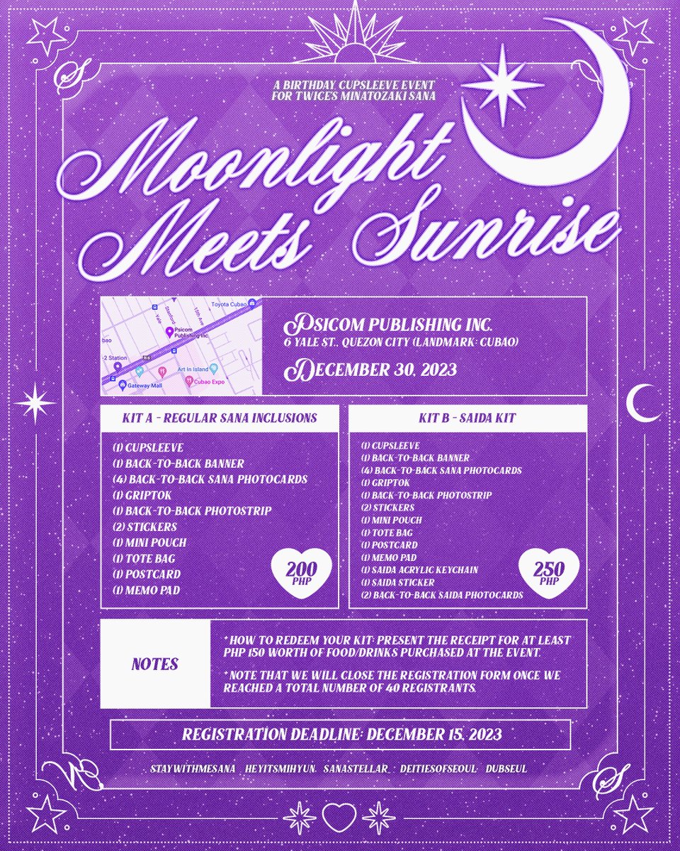 staywithmesana's tweet photo. 🎑 MOONLIGHT MEETS SUNRISE 🌅

A Birthday Cupsleeve Event for @JYPETWICE Sana's Birthday!

📍PSICOM Publishing Cafe, QC
📅 Dec 30, 2023
⏰️3PM - 7PM
🔗 Form: https://t.co/ZZ9fwVPExs

Celebrate with us, Onces!

#OurMoonlightSana

Please see details below: https://t.co/0QGlq3UjZX