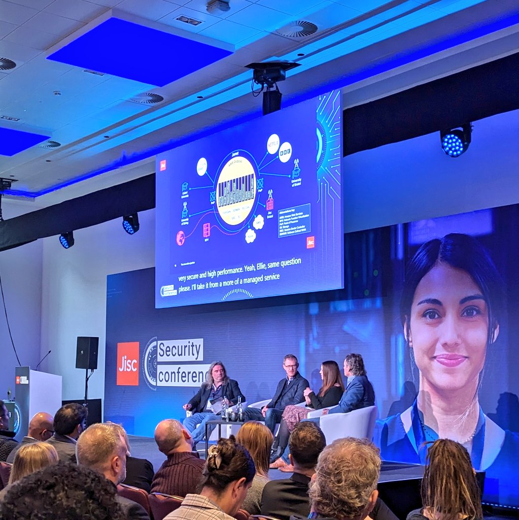 Jisc's tweet photo. Kicking things off with the keynote panel, with fantastic insight into innovation on the Janet network with @stephencmasters, James Greenham @Fortinet and Ellie Chambers @bt_uk.
#JiscSec https://t.co/nBZcG3akmh