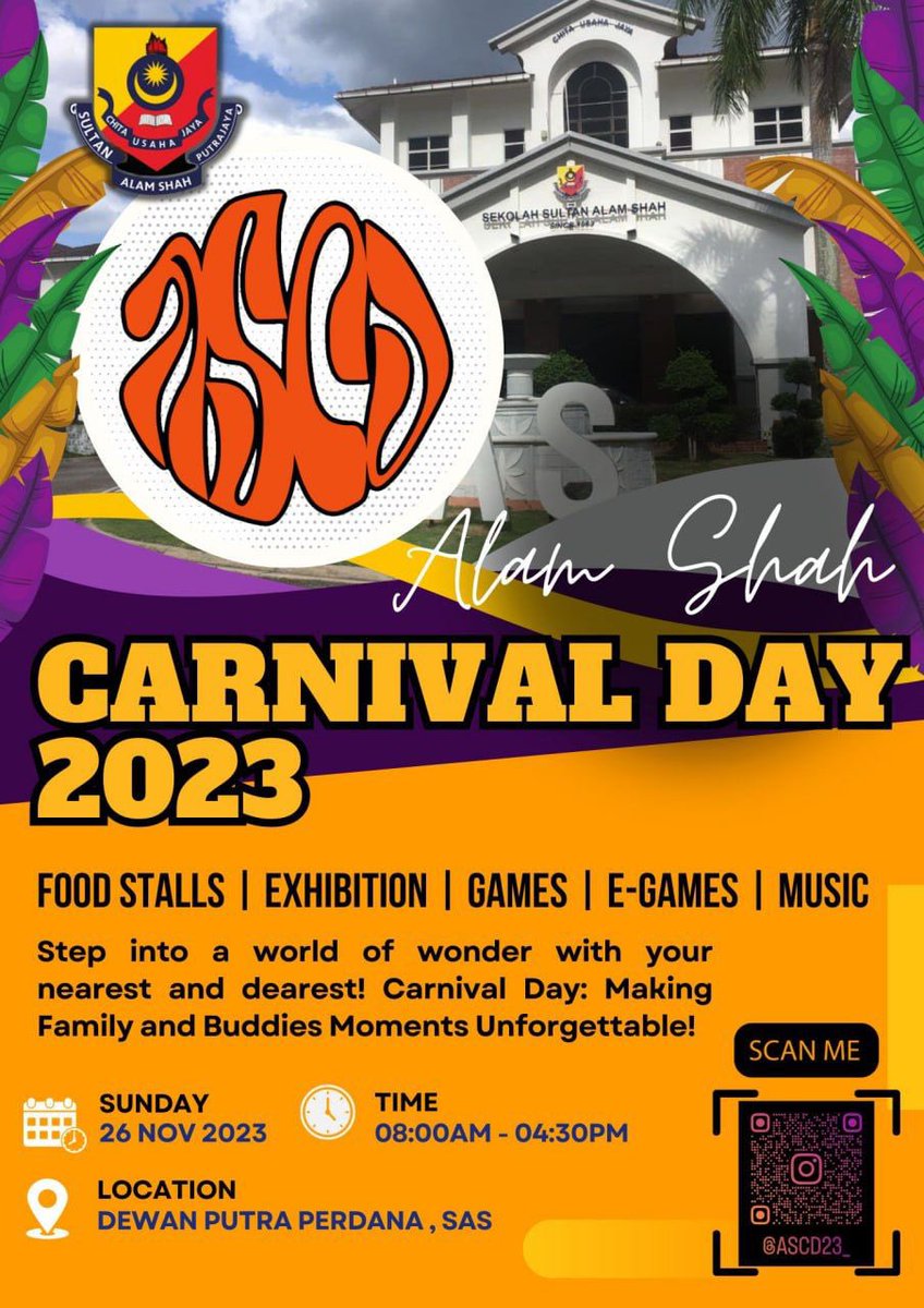 SekolahAlamShah's tweet photo. #AlamShahCarnivalDay2023

Ladies &amp; Gentlemen,

We welcome you all to Alam Shah this Sunday for ASCD 2023!

It has been a while since we last organised ASCD pre-covid. 

This year’s edition #Metrophoria will be a continuation of our annual event!

Lots of excitement awaits! https://t.co/DiW9mYX5LA