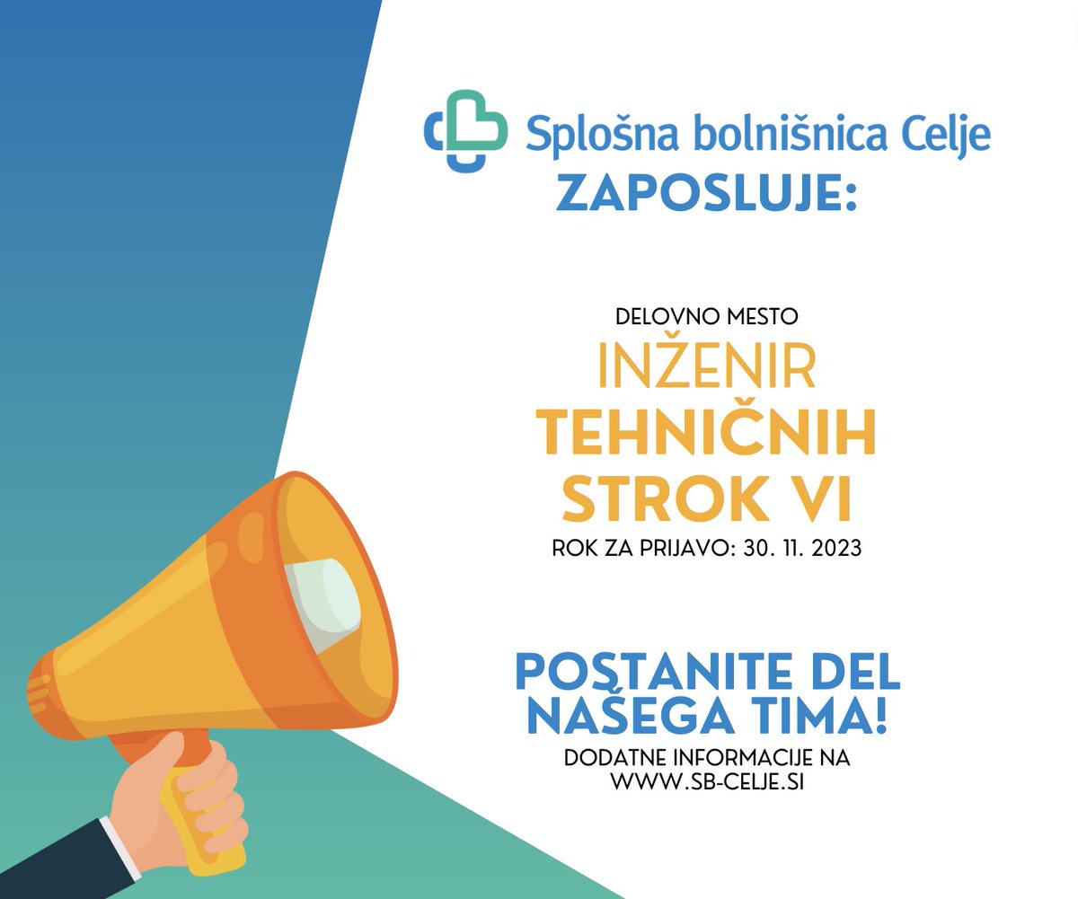 📢 Iščemo novega sodelavca — inženirja tehničnih strok VI, ki bo okrepil našo dinamično ekipo! 

Pogoji in delovne naloge so podrobneje opisani na sb-celje.si/o-bolnišnici/z…