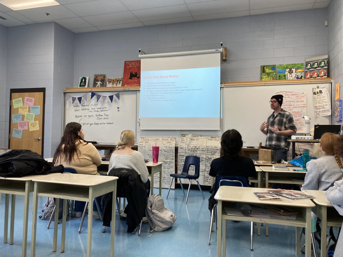 Gr. 12 Writer’s Craft heard from graphic novelist, Nathan Page, yesterday. What a treat to hear about craft and process, the writing industry,  and creative ideas from someone out there doing it!  Shout out to <a href="/BayridgeSS_LDSB/">Bayridge SS</a>’s Cam for roping in Uncle Nathan!