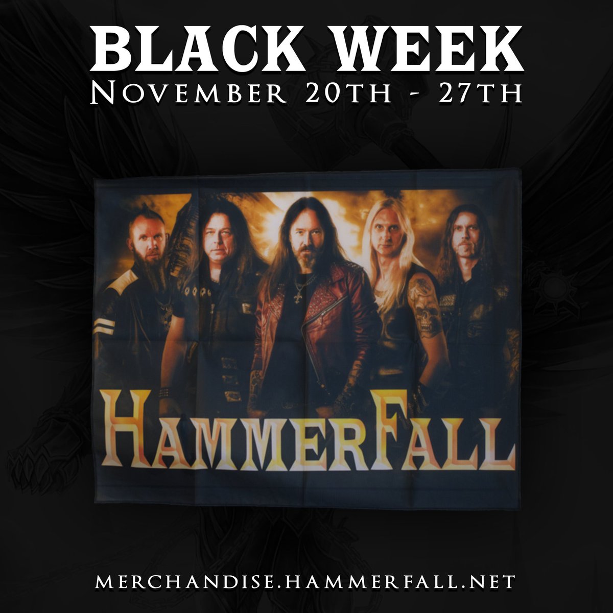 Get 15% OFF on everything during the Black Week Sale! What about a flag for that empty spot on your wall? Shop at merchandise.hammerfall.net #HammerFall #OscarDronjak #JoacimCans #FredrikLarsson #PontusNorgren #DavidWallin #HeavyMetal #Merchandise #BlackWeek #BlackFriday