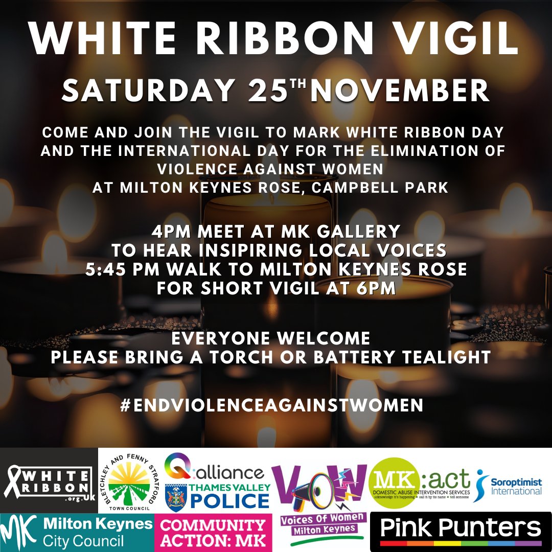 Join us at The MK Rose for a Vigil on Saturday, November 25, in honour of both International Day for the Elimination of Violence Against Women and White Ribbon Day. Please share this event and join us in raising awareness.

#whiteribbonday #voicesofwomen #pinkpunters