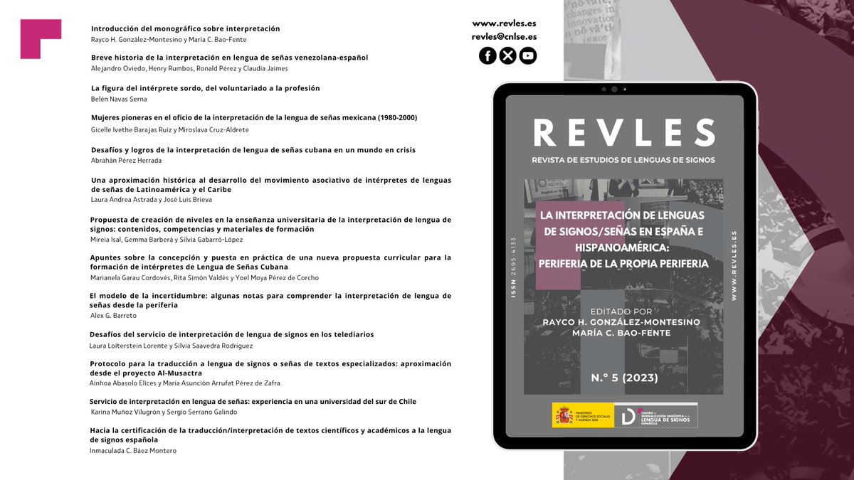 CNLSE's tweet image. Disponible el número 5 de #REVLES 📖

Monográfico “La interpretación de lenguas de signos/señas en España e Hispanoamérica: periferia de la propia periferia”, editado por Rayco H. González-Montesino (@urjc)  y María Bao-Fente (@UDC_gal).

cnlse.es/es/actualidad/…