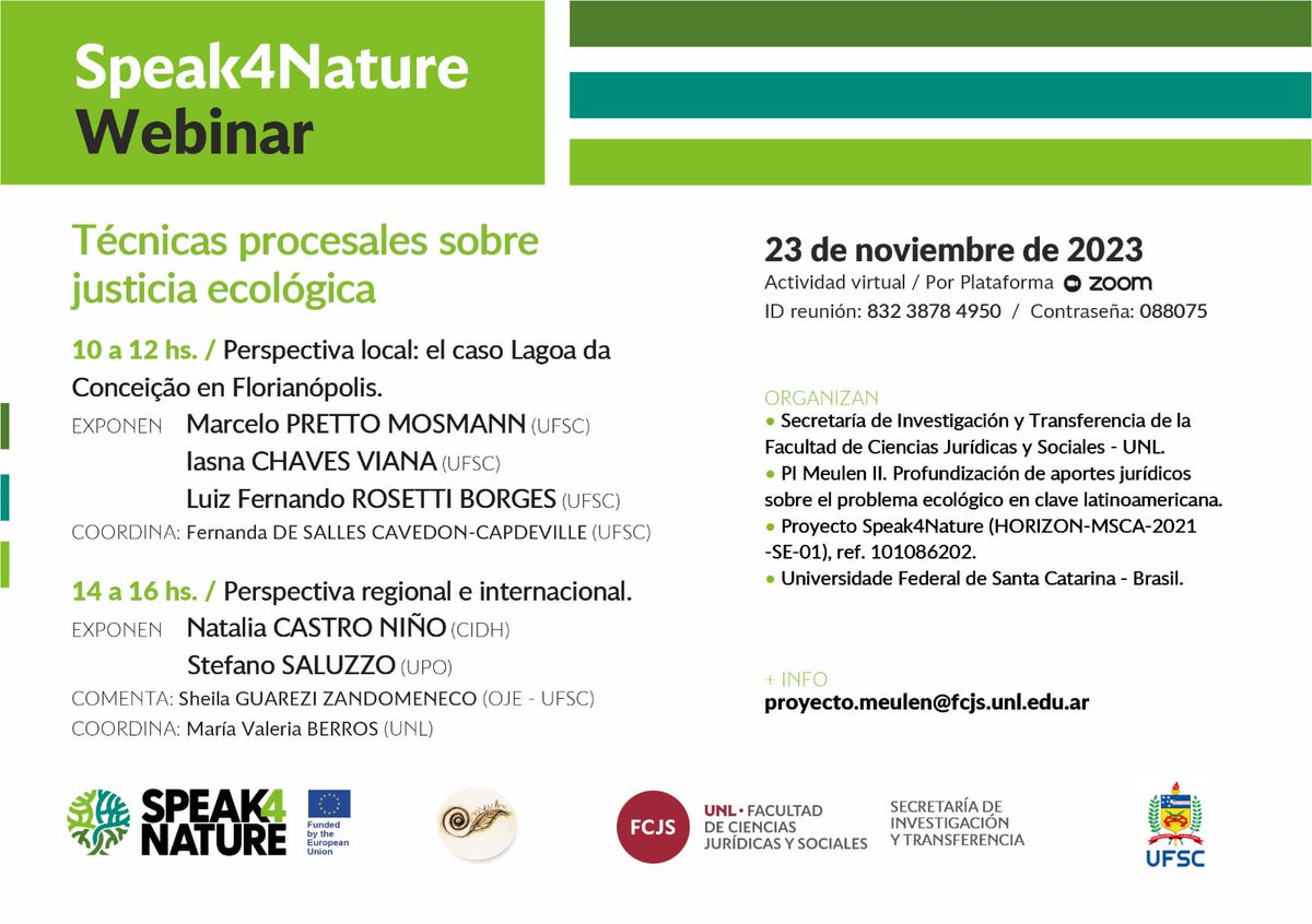 ProyectoMeulen's tweet photo. ¡Llega el primer webinar de @Speak4Nat organizado por @FCJS_UNL y @UFSC! 

Las técnicas procesales sobre justicia ecológica a nivel local, regional e internacional son el eje del encuentro.

¡Te esperamos! https://t.co/ey92kXYVUi