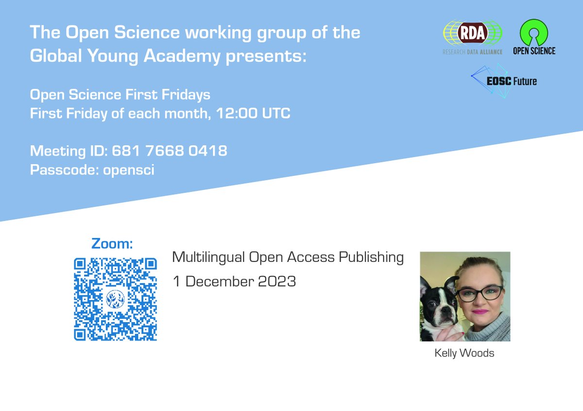 Join our #openscience WG First Fridays discussion on 1 December  2023 titled "Multilingual Open Access Publishing" featuring <a href="/Kelly_mate/">Kelly Woods</a> of <a href="/F1000/">F1000</a>/<a href="/OpenResearch_EU/">Open Research Europe</a>
More information and link here:
globalyoungacademy.net/open-science-f…