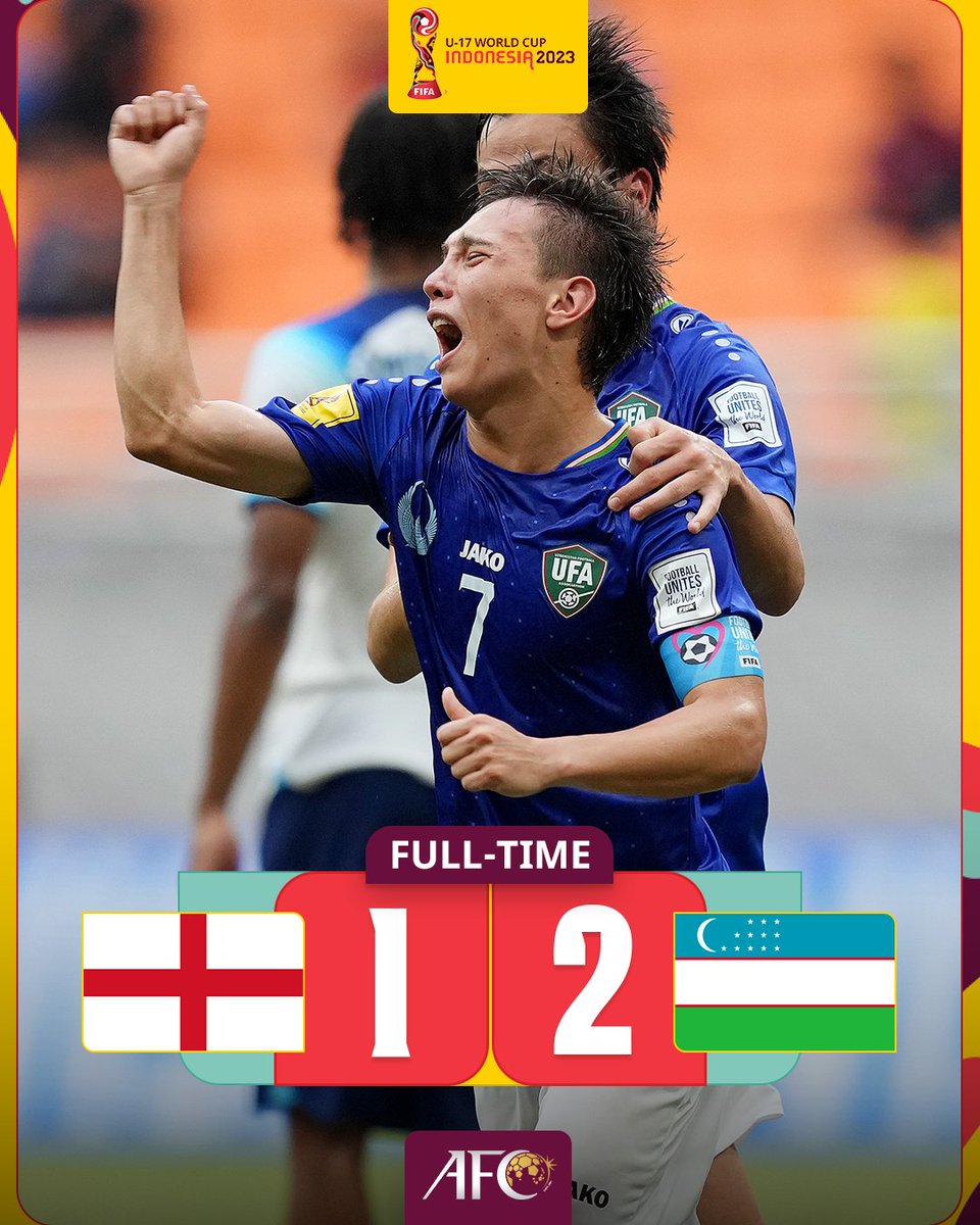 afcasiancup's tweet photo. FT | 🏴󠁧󠁢󠁥󠁮󠁧󠁿 England 1️⃣-2️⃣ Uzbekistan 🇺🇿 

Guess who's heading to #U17WC quarter finals! 𝙊𝙕-𝘽𝙀-𝙆𝙄𝙎-𝙏𝘼𝙉! https://t.co/Tb6R65zrqn
