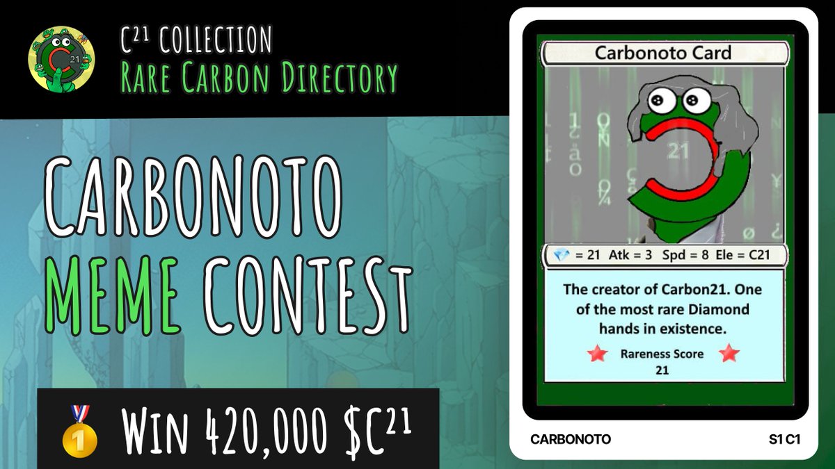 ProjectCarbon21's tweet photo. GM 💎🙌

To celebrate the drop of the #CARBONOTO card on Thursday,  we are launching a "Carbonoto Meme Contest" 🔥🔥🔥

Create derivatives art/memes based on Carbonoto and win a prize of 420,000 $C21! 🏆

Rule: answer this tweet with your memes/art (3 max per person) before this Sunday 26th Nov., 8pm UTC ⏳

The winning art of the contest will receive 420k $C21 and the piece will become the Card #5 of the first Series of the #RareCarbonDirectory 👀

The best 3 memes will also receive a Carbonoto card!

Happy memeing!🧑‍🎨