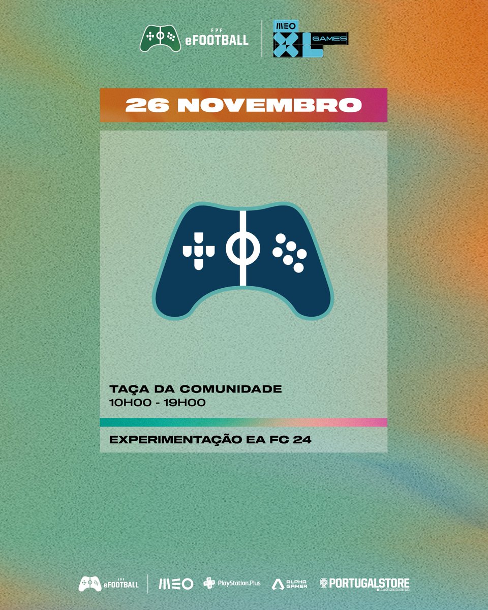 Vão ser 𝟰 𝙙𝙞𝙖𝙨 de futebol virtual na @meoXLgames ⚽🎮 Passa pelo espaço da FPF eFootball, assiste aos torneios e joga #EAFC24 🏆

🗓️ 23 e 24 de novembro
🏟️ Exponor (Matosinhos) - MEO XL Games
🎟️ Já tens o teu bilhete? tinyurl.com/meoxlgames