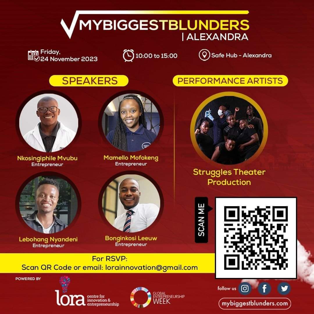 LebohanNyandeni's tweet photo. This coming Friday I will be speaking at My Biggest Blunders - Alexandra | 24 Nov | 10:00 | Safe Hub - Alexandra. Come let's reason together. 
Thank you Roche Mamabolo 

#GEW 
#Entrepreneurship 
#MBB 
#MyBlunderStory https://t.co/4UjjkrGYqe