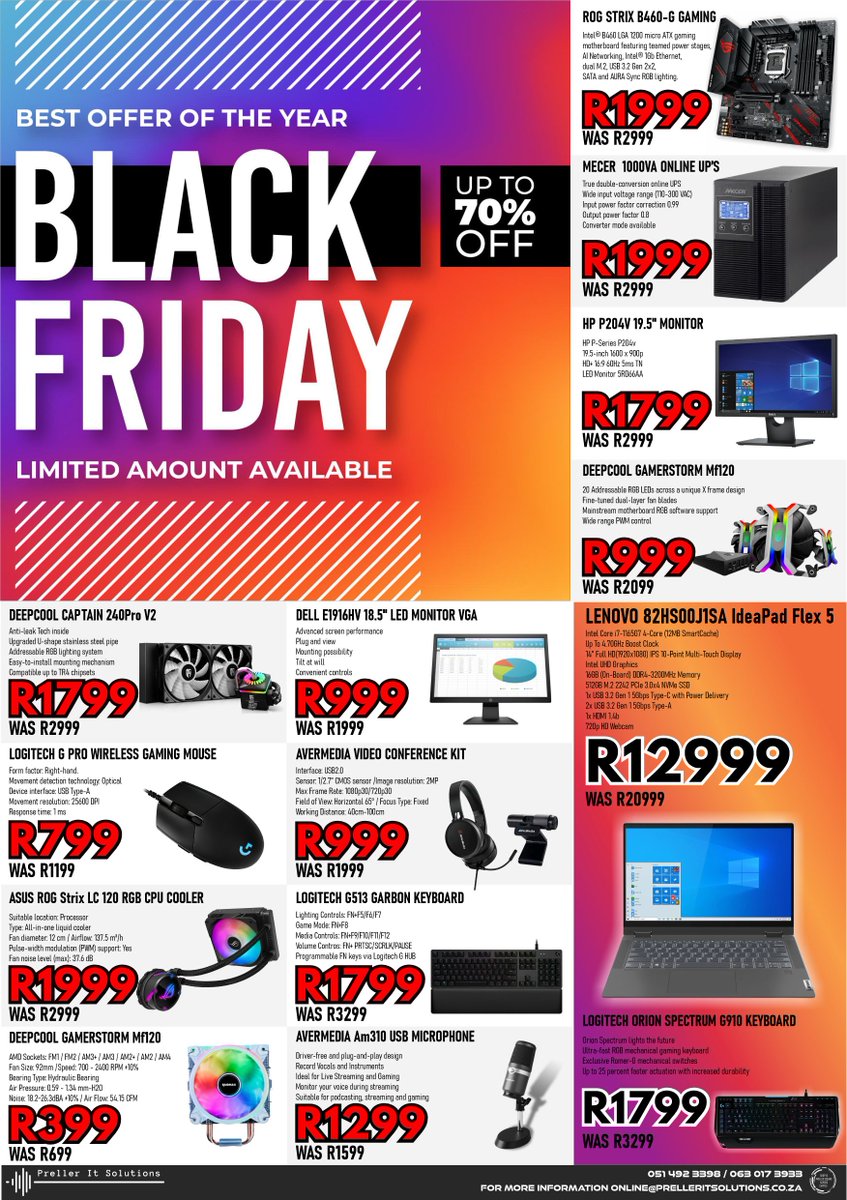 PrellerIt's tweet image. Black Friday madness starts here , Get ready to shop 'til you drop
Valid from 22 - 30 November While Stocks Last
Get it Here : bit.ly/3sRaLvV
Visit us In-Store or Online for More Amazing Offers !
Preller IT Solutions
📷  051 492 3398  / WhatsApp 063 017 3933