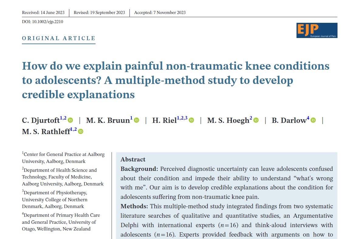 Credible explanations - how do we explain to adolescents why they are in pain? It is a complex task and may have something to do with diagnostic uncertainty...🧵 Just published in EJP: onlinelibrary.wiley.com/doi/full/10.10… @MichaelRathleff @kj_bruun @Henrik_Riel @MH_DK @BenD_NZ @EFIC_org