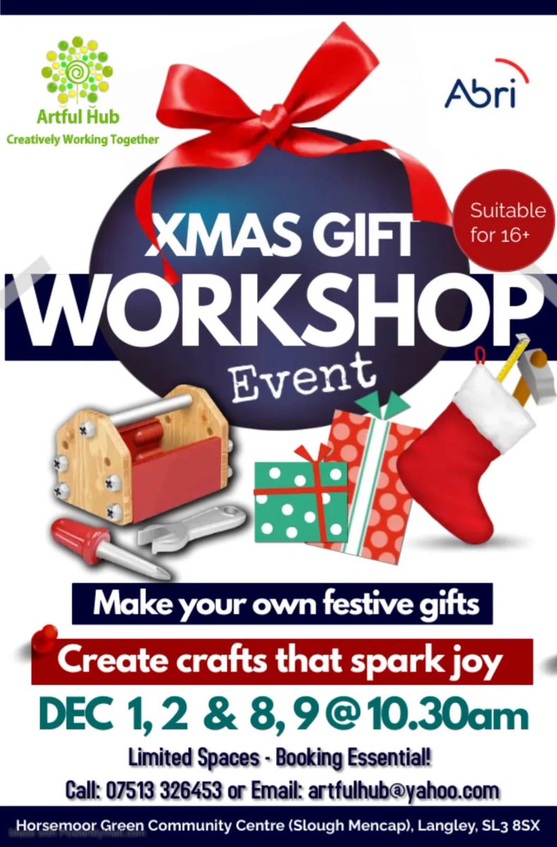 Join our Xmas Gift Workshops in association with Abri Housing on 1, 2, 8 & 9 Dec at 10.30am at Horsemoor Green Community Centre. Suitable for ages 16+. Get your craft on by making your festive presents! Contact artfulhub@yahoo.com @artfulhubslough or Tel: 07513 326453 🌟