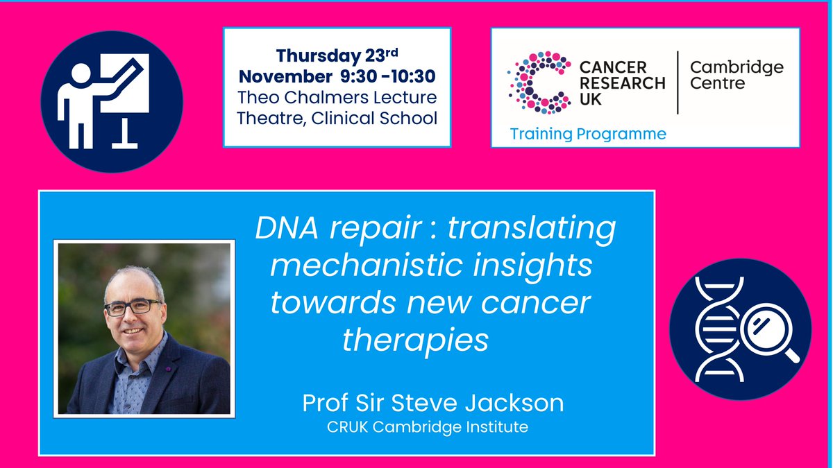 🎓 Join us this Thursday November 23rd for a lecture with Prof Sir Steve Jackson @SPJacksonGroup Topic: 'DNA repair : translating  mechanistic insights  towards new cancer  therapies '🧬🔬👇Don't miss this insightful lecture! #CancerTherapies #CancerResearch