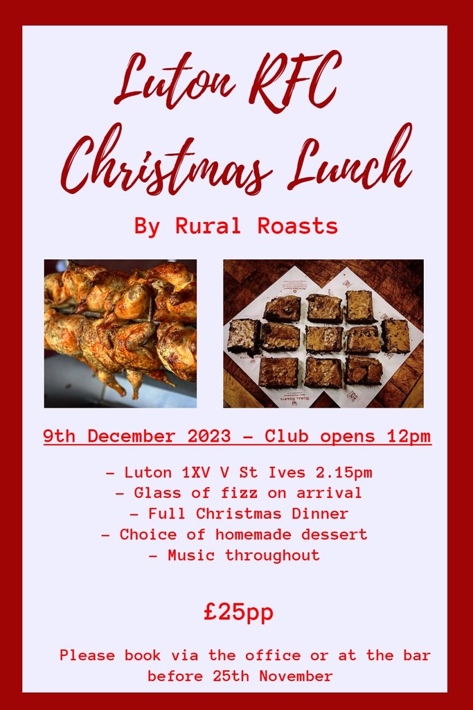 Club Christmas Lunch - 9th December #Pitchero
lutonrugby.com/calendar/event…