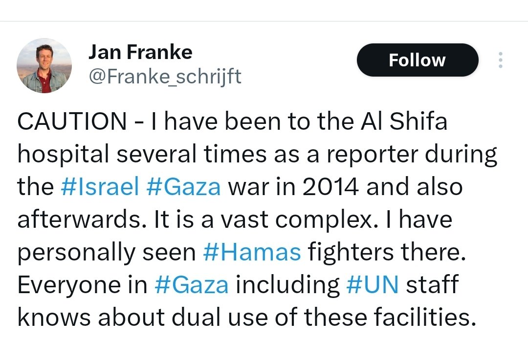 Dr. Eli David (@drelidavid) on Twitter photo Dutch journalist <a href="/Franke_schrijft/">Jan Franke</a>, says what every journalist working in Gaza knows:
Shifa hospital was used by Hamas. Everyone knew, including <a href="/UN/">United Nations</a> and <a href="/WHO/">World Health Organization (WHO)</a> personnel.
<a href="/antonioguterres/">António Guterres</a>, <a href="/DrTedros/">Tedros Adhanom Ghebreyesus</a>, you there?
Where is your condemnation?
You are a disgrace.
Resign!
_ Dutch journalist <a href="/Franke_schrijft/">Jan Franke</a>, says what every journalist working in Gaza knows:
Shifa hospital was used by Hamas. Everyone knew, including <a href="/UN/">United Nations</a> and <a href="/WHO/">World Health Organization (WHO)</a> personnel.
<a href="/antonioguterres/">António Guterres</a>, <a href="/DrTedros/">Tedros Adhanom Ghebreyesus</a>, you there?
Where is your condemnation?
You are a disgrace.
Resign!
_