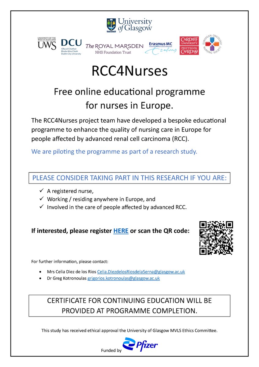 PotisDR's tweet photo. #RCC4nurses Our pilot study is now OPEN.
This research offers free education to registered nurses caring for people affected by advanced RCC.
To register: https://t.co/gQF6iD1pq5
#renalcellcancer #RCC  #cancernurse  #kidneycancer
@UofGlasgow @cancernurseEU @nursGK704  @PotisDR https://t.co/eE1OwEB8no